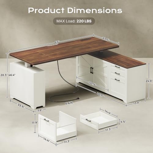 PRAISUN 63'' Farmhouse L Shaped Standing Desk with Outlets and Drawers