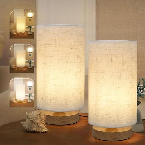Minimalist Bedside Table Lamps for Bedrooms Set of 2, 3 Color Temperature Bedside Lamps with Round Fabric Linen Shade,Small Desk Lamp Night Nightstand Lamp Set for Living Room, Reading ,Office