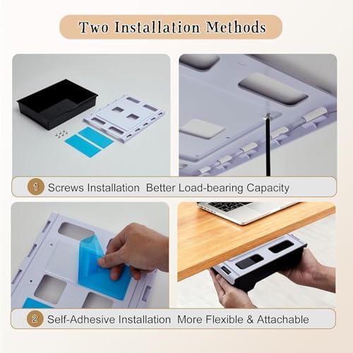 2 Pack 10.91"x 8.23" Under Desk Drawer Storage Organizer, Durable PC Material Self-Adhesive with Slide Out Rail, Hidden Hanging Desk Drawer for Office Supplies, Stationery, No Drilling Install, Black