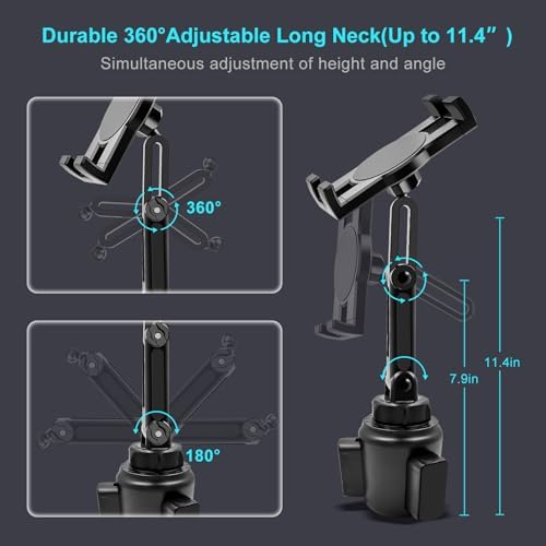 Cup Holder Car Tablet Mount, 360° Adjustable 2-Arm Stand Holder for iPad Pro 12.9/11/10.5/9.7/Air/Mini 6/5/4, Galaxy Tab/Z Fold 6/5, Amazon Fire HD, iPhone 16/15/14/Pro, 4.7-12.9" Tab & Phone