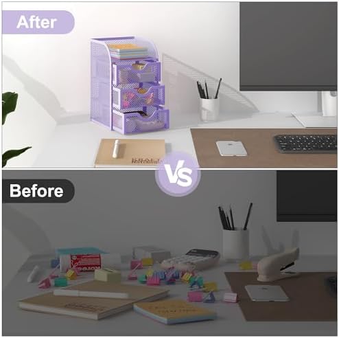 EasyPAG Mesh Desk Organizer with 3 Drawer Office Desktop Organizers and Accessories Stationery Caddy for Office, Home, Students, Purple