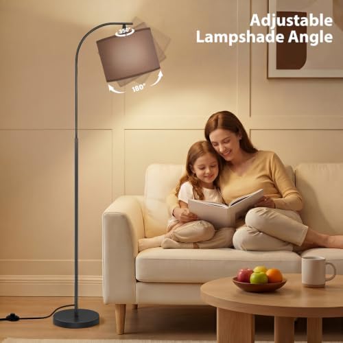 SIBRILLE Floor Lamp with Linen Shade, Arc Dimmable Tall Standing Lamp with Remote Control, Modern Floor Reading Light for Living Room Bedroom Office Corner, 9W LED Bulb Included