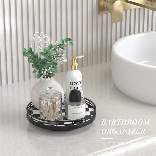 AMH 9-Inch Black and White Checkerboard Lazy Susan with Oak Base