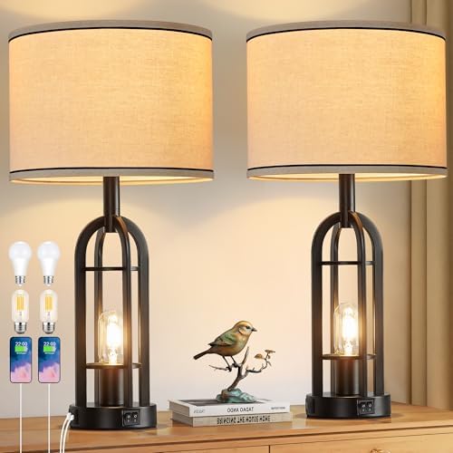 SRJJA 24" Black Table Lamps for Living Room Bedroom Set of 2, USB A+C