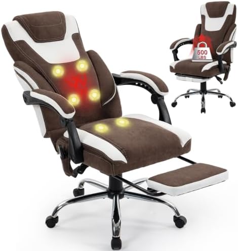 Massage Office Chair with Footrest,6-Point Vibration & Heat Executive Office Chairs,Ergonomic Desk Chair for Heavy People,Recliner with Padded Armrest,500LBS Big and Tall Office Chair,Brownwhite