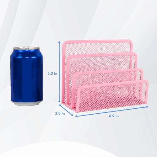EASEPRES Desk Mail Organizer, Office Small Desktop Metal Mesh Envelope Letter Sorter Paper File Holder Organizer with 3 Vertical Upright Compartments, Pink 2 Pack