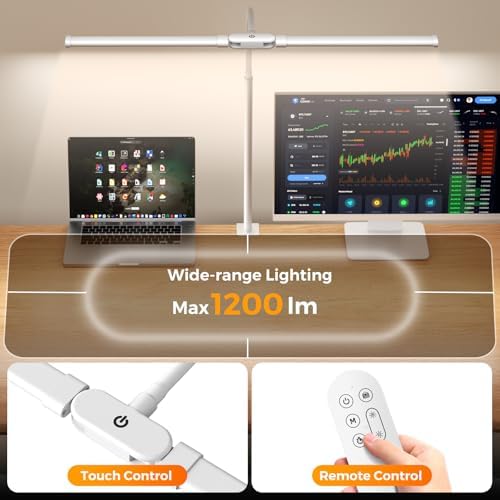 SKYLEO LED Desk Lamp with Clamp - Double Head Desk Light with Remote and Touch - Eye Protection - 12 W, 5 Color Modes, Timer and Memory Function, Flexible Gooseneck - for Office, Reading - White