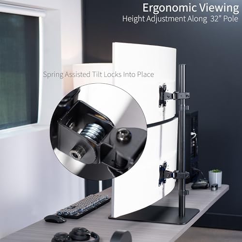 VIVO Freestanding Dual Vertically Stacked Ultra-Wide Monitor Desk Stand, Extra Tall Heavy Duty Adjustable Mount for 2 Ultrawide Screens up to 45 inches, 25 lbs Per Screen Capacity, Black, STAND-V200L