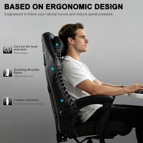 Black Gaming Chair for Adults with Independent Pocket Spring Cushion Seat, Ergonomic Office Chair with Footrest, Leather Executive Chair