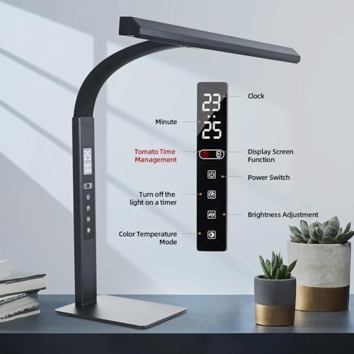 LED desk lamp for home office, architect computer work light,Touch color temperature stepless dimming and adjustable flexible gooseneck tube. desk lamp with clock , suitable for reading and studying.