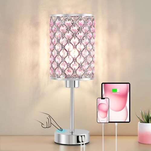 Crystal Table Lamp, Pink Touch Lamp with USB C+A Port, 3-Way Dimmable