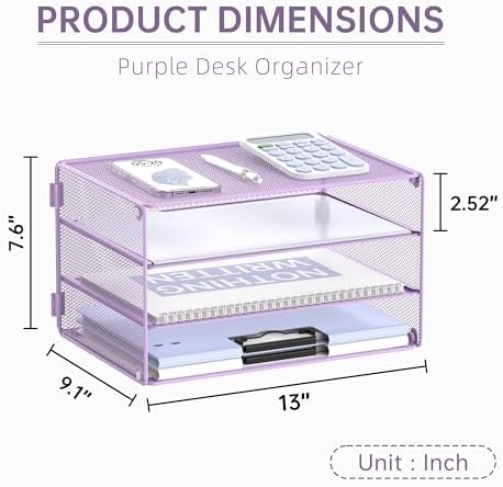 DALTACK 3 Tier Letter Tray Paper Organizer with Sliding Mesh Trays Purple