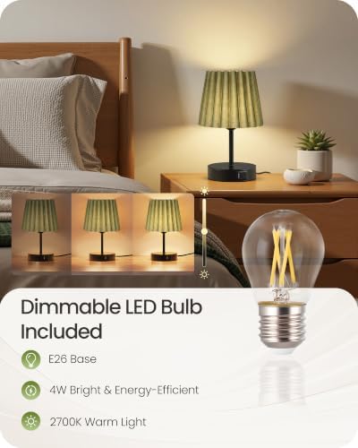 Small Bedside Table Lamps Set of 2, Touch Dimmable Table Lamps with USB Ports, Nightstand Lamps with 2 Stepless Dimming LED Bulbs, E26 Base, for Bedroom, Study, Black and Green J16TLP205
