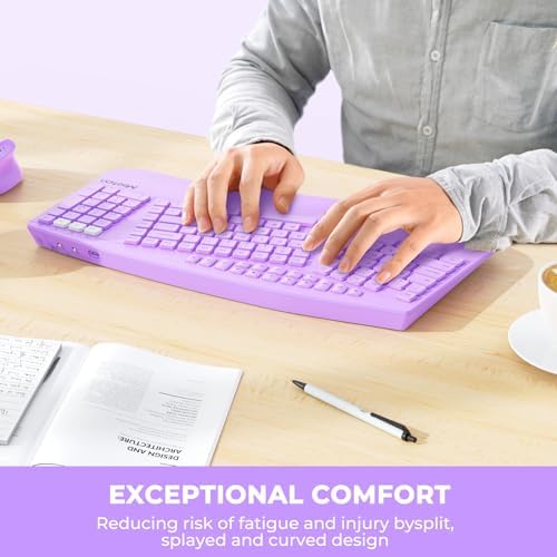 MEETION Ergonomic Keyboard Wireless, Multi-Device Bluetooth Keyboard, Full-Sized Split Computer Keyboards, Wrist Rest for Natural Typing, for Windows/Mac/Laptop/Table/PC, Purple