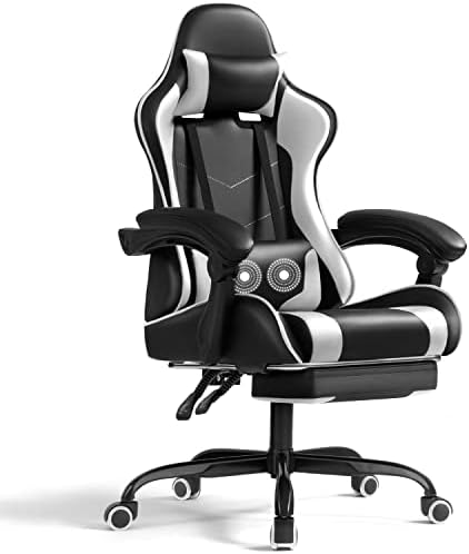 Shahoo Gaming Chair with Footrest and Massage Lumbar Support, Video Game Chairs 360°Swivel and Height Adjustable Seat with Headrest for Office or Bedroom, Study Room, White