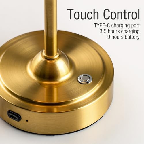 ONEWISH Cordless Lamp-Battery Operated Table lamp, 4000mAh Rechargeable, Stepless Dimmable, Small Touch Bedside Lamp with Fabric Shade, for Dining, Patio, Bathroom(Gold)