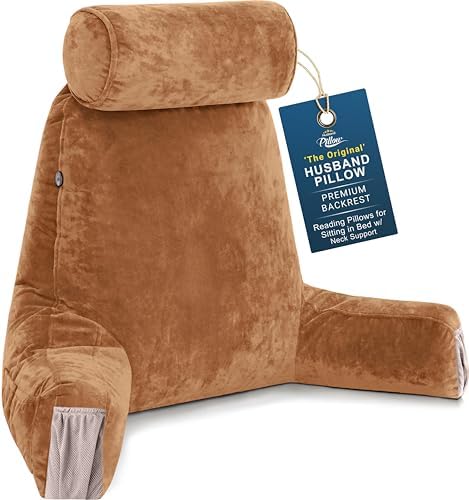 Husband Pillow Medium Reading Pillow with Arms - 23" Backrest for Sitting Up in Bed - Firm Support Bed Rest Pillow for Adults, Neck Roll, Removable Cover - TV, Reading, Lounging - Tan