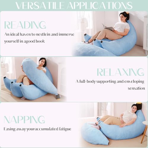Banana Bean Bag Chair with Ottoman, Floor Sofa Bed with Footrest, Comfy Convertible Lounger for Adults, Plush Couch for Bedroom, Living Room or Dorm, L-SkyBlue