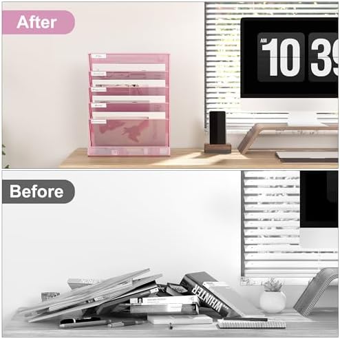 EasyPAG 5 Tier Wall File Holder, Mesh Hanging Folder Organizer with Classify Label, Versatile Desk File Holder, Vertical Wall Mounted Mail Organizer for Office Home Cubicle, Pink