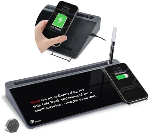 TOWON Glass Desk Whiteboard 16x7 in, Wireless Charger and Storage, Black