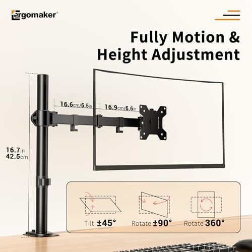 ERGOMAKER Single Monitor Stand, Height Adjustable Swivel for 13-27" Screens