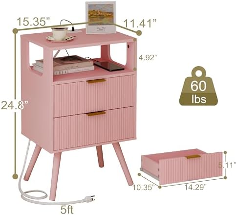JOONEE Pink Nightstand with Charging Station and LED Lights,Modern Bedside Table with 2 Storage Drawer and Open Wood Shelf, for Bedroom and Small Spaces,Night Stand with Solid Wood Legs,Pink