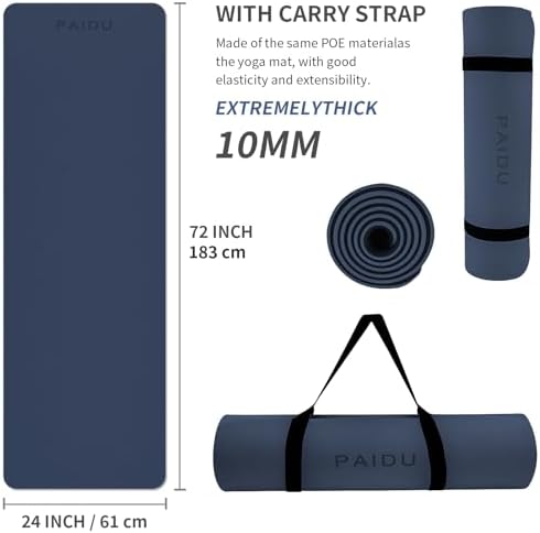 PAIDU POE Yoga Mat （10mm）Extra Thick Fitness Mat 72"x24" with Carry Strap