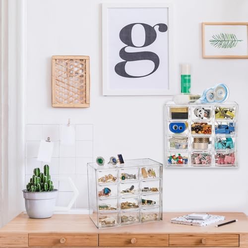 YOUEON 2 Pack Mini Desk Organizer with 12 Removable Drawers, Clear Plastic Desktop Drawer Organizer, Desk Craft Storage Box for DIY Crafts, Art Supply, Office, Cosmetic, Jewelry