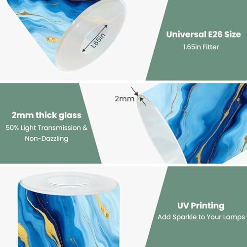 3 Pack Cylinder Glass Lamp Shade Cyan blue liquid watercolor golden stains Teal turquoise marble Covers with 1-5/8" Fitter Opening Light Fixture Replacement for Table Lamp Bathroom Vanity Light