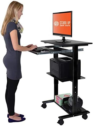 Stand Up Desk Store Mobile Rolling Adjustable Height Standing Workstation with Printer Shelf and Slideout Keyboard Tray (Black Frame/Black Top, 30" Wide)