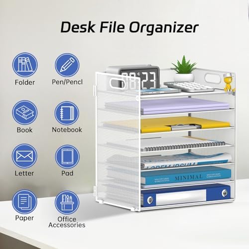 7 Tier Paper Organizer for Desk with Letter Trays & Handle White