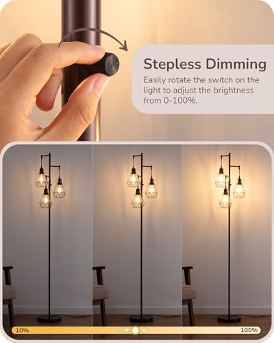 EDISHINE 70" Industrial 3 Light Floor Lamp with 3 LED Bulbs, Dimmable