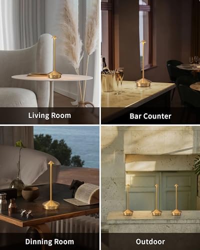 Modern Cordless Table Lamp Set of 2, Gold Portable LED Desk Lamps