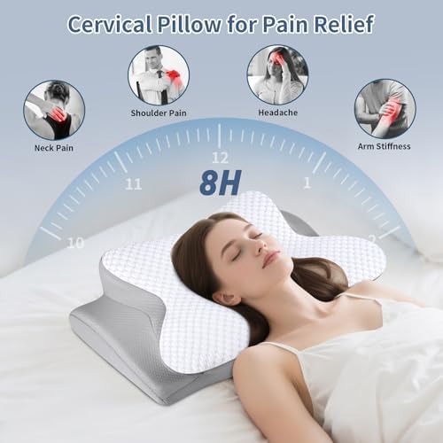 Cervical Pillow for Neck Pain Relief, Ergonomic Neck Pillow for Sleeping, Contour Side Sleeper Pillow for Neck Support, Orthopedic Cooling Memory Foam Pillows for Back Stomach Sleepers (White)