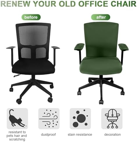 Tallew 4 Pcs Office Chair Covers Set Computer Universal Protective Stretchable Chair Seat Covers Desk Armrest Cover Slipcovers Pads Office Cushion Backrest for Rotating(Regular,Blackish Green)