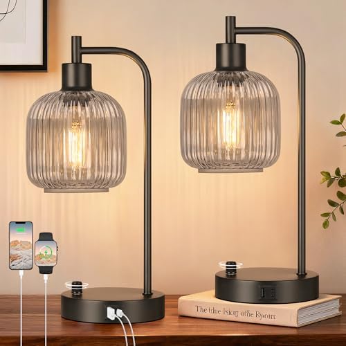 Grey Glass Table Lamps Set of 2, Dimmable Bedside Lamps for Living Room