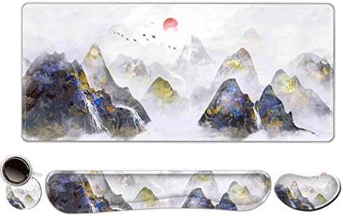 ToLuLu Extended Gaming Mouse Pad, Memory Foam Ergonomic Keyboard Mouse Wrist Rest Support Set, Large Desk Mat with Stitched Edges, Non-Slip Base Mousepad for Home Office Game Study, Ink Mountain
