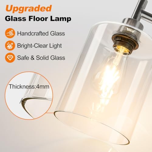 【Upgraded】 Dimmable Floor Lamp for Living Room with Glass Lampshade, Brushed Nickel Modern Glass Floor Lamp with 900LM LED Bulb Included, Standing Tall Lamp for Bedroom, Office, Reading Room, Corner