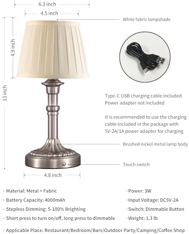 KDG Nickel Cordless Table Lamps Set of 2, Beige Fabric Shade Desk Lamp