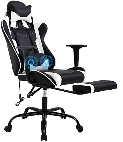 PC Gaming Chair High Back Executive Office Chair Pu Leather Computer Chair Racing Lumbar Support Slide-Out Footrest Adjustable Swivel Video Game Chair,White…