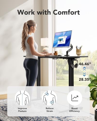 HUANUO Electric Standing Desk, Whole Piece Desktop, Adjustable Height Computer Desk, 4 Height Memory Settings, Sit Stand Up Desk for Home Office, 48" x 24", Black