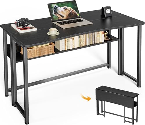 Huuger Folding Desk with Storage Shelf, 39.3 Inch Foldable Computer Table
