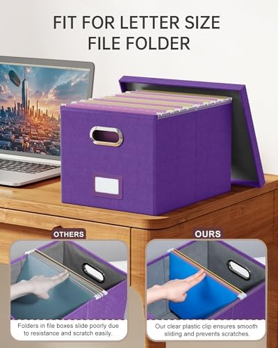 Oterri 2 Pack File Storage Organizer, Filing Box, Portable File Box with Lid, Fit for Letter/Legal File Folder Storage, Document Organizer, Purple