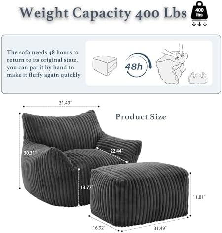 Gericco Oversized Bean Bag Chaise Lounge Chair with Ottoman for Adults