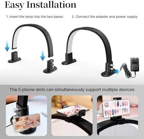 BLUVALL Half Moon Nail Lamp for Desk Portable Nail Desk Lamp with Phone Holder, Stepless Adjustment of Brightness and Color Temperature Desk Lamp for Nail Tech, Eyelash, Tattoo, Makeup (Black)