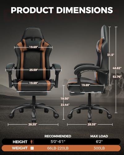 LUCKRACER Gaming Chair with Footrest, Pocket Spring Seat, 90°-135° Reclining Computer Chair with Linkage Armrests, Lumbar Support, Height Adjustment, SGS-Tested Gas Lift, 330 lbs Capacity, Brown