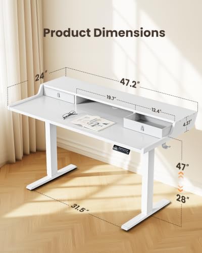 ErGear Electric Standing Desk with Drawers, 48″ x 24″ Gaming Table Compatible Monitor Stand, Stand up Desks, Home Office Height-Adjustable Desk with Storage Shelf, 4 Preset Heights, White
