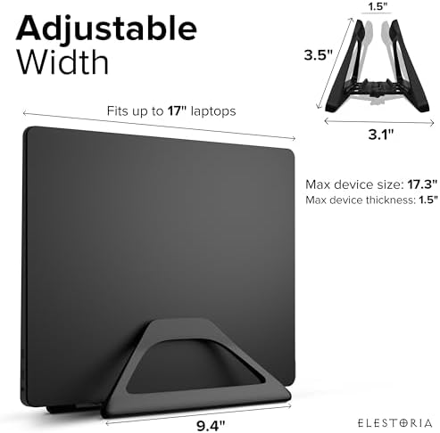 Elestoria Aluminum Vertical Laptop Stand with Gravity Auto-Lock – Adjustable Laptop Holder Vertical fits MacBook Pro/Air, Chromebook & Gaming Laptops up to 17.3" – Space-Saving Desktop Dock - Black