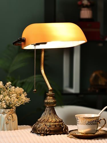Vintage Amber Glass Bankers Desk Lamp,LED Bulb Included