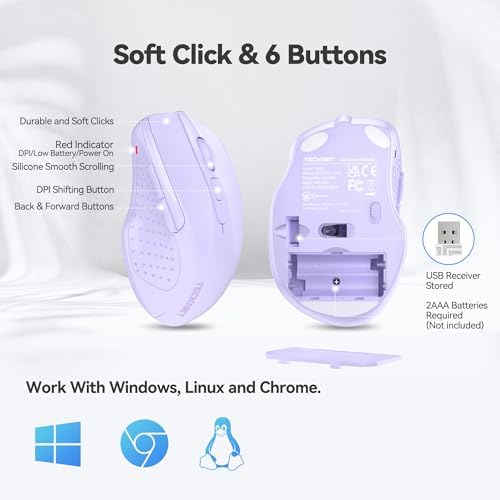 TECKNET Wireless Mouse, 2.4G Ergonomic Computer Mouse, 2600 DPI, Lavender